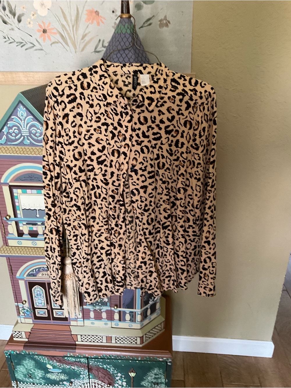 Divided Leopard Print Button-Front Blouse - Beige/Black